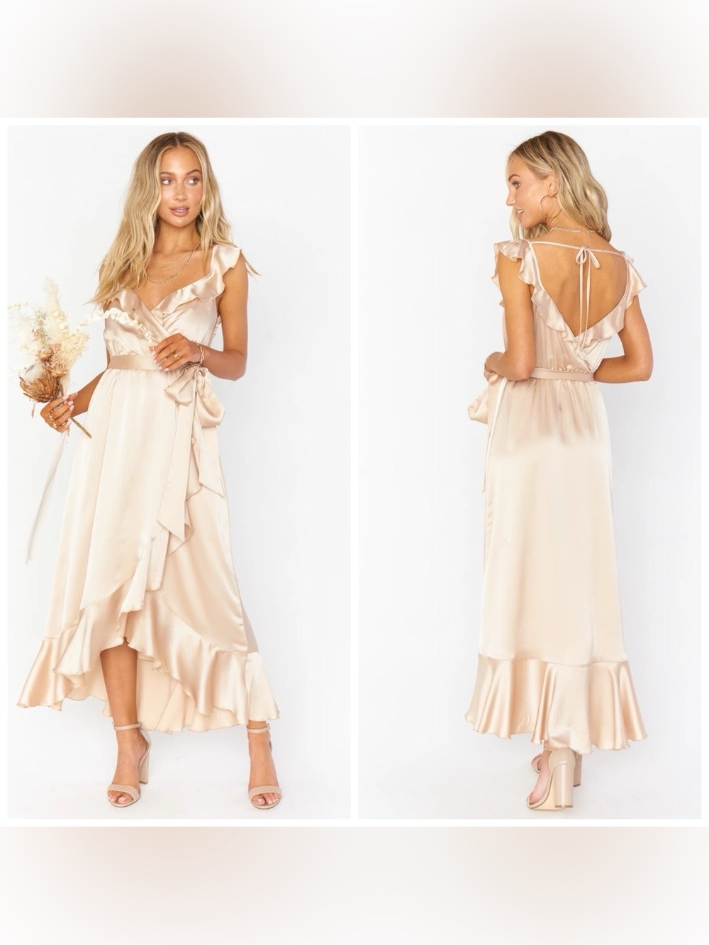 Show Me Your Mumu Size XL Champagne Luxe Satin Ruffle Samantha Wrap Midi Dress